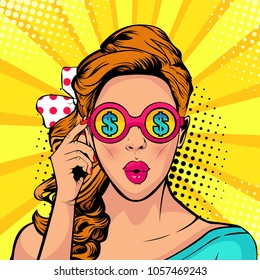 Financial monitoring of currency dollar businesswoman in glasses pop art retro style. Sexy surprised woman with open mouth. Colorful vector background in pop art retro comic style.