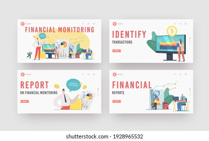 Financial Monitoring Landing Page Template Set. Business Characters Analysing Data Report on Huge Dashboard. Finance Investment Performance Results, Work Meeting. Cartoon People Vector Illustration