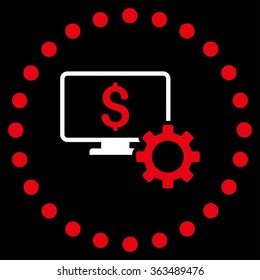 Financial Monitoring Options vector icon. Style is bicolor flat circled symbol, red and white colors, rounded angles, black background.