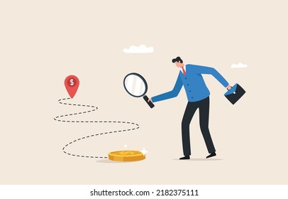 Financial navigation. Path to financial success. Earning extra income or increasing salary. direction of the company growth. Businessman holding a magnifying glass to search and track the trace money.