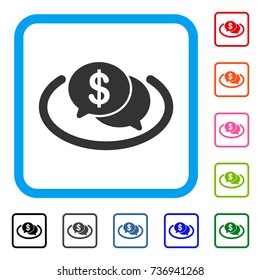 Financial Network Chat icon. Flat grey iconic symbol in a light blue rounded rectangular frame. Black, gray, green, blue, red, orange color variants of Financial Network Chat vector.