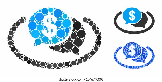 Financial network chat mosaic of round dots in variable sizes and color hues, based on financial network chat icon. Vector round dots are composed into blue composition.