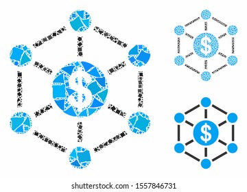 Financial network composition of rough pieces in various sizes and color tints, based on financial network icon. Vector trembly pieces are organized into collage.