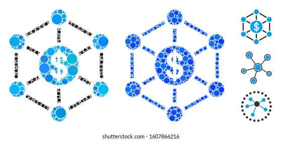 Financial network composition of spheric dots in various sizes and shades, based on financial network icon. Vector dots are organized into blue composition.