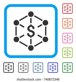 Financial Network icon. Flat grey pictogram symbol inside a light blue rounded squared frame. Black, gray, green, blue, red, orange color additional versions of Financial Network vector.