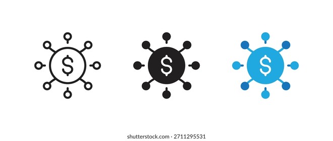 Financial network icon set. Currency, dollar sign. Connection symbol. Black and blue color. Finance, money, communication, business. Editable stroke.Vector illustration.Isolated on a white background.