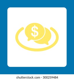 Financial Network icon. This flat rounded square button uses yellow and white colors and isolated on a blue background.