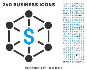 Financial Network icon within 260 vector business pictogram set. Style is bicolor flat symbols, light blue and gray colors, white background.