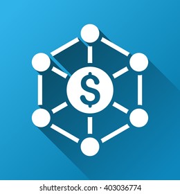 Financial Network Scheme vector toolbar icon for software design. Style is a white symbol on a square blue background with gradient long shadow.