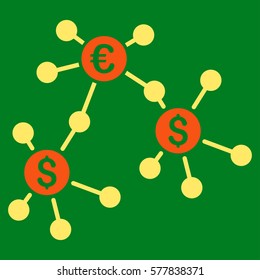 Financial Networks vector icon. Flat bicolor orange and yellow symbol. Pictogram is isolated on a green background. Designed for web and software interfaces.