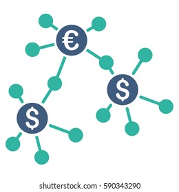 Financial Networks vector icon. Flat bicolor cobalt and cyan symbol. Pictogram is isolated on a white background. Designed for web and software interfaces.