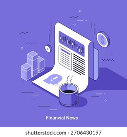 Conceito de notícias financeiras em estilo de linha fina isométrica. Informações comerciais com gráfico de ações, moeda de dólar e café para análise financeira ou de investimento. Ilustração vetorial