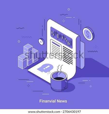 Financial news concept in isometric thin line style. Business information with stock chart, dollar coin, and coffee for investment or financial analysis. Vector illustration