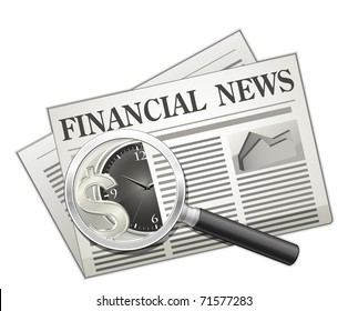 Financial news. Newspaper and Magnifying glass