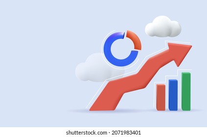 Financial news. Trading stock news impulses. Market movements creative concept charts up, infographics. Realistic 3d design. Growth World economy. Red curve arrow of trend. Vector illustration. Banner