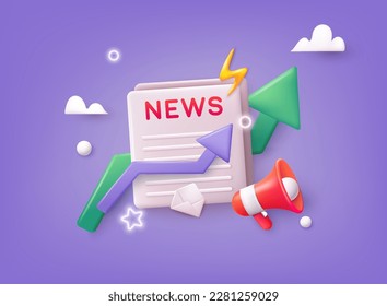 Financial news. Trading stock news impulses. Concept News update. News webpage, information about events, activities, company information and announcements for web page. 3D Web Vector Illustrations.