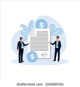 Financial obligation document. Promissory bill, loan agreement, debt return promise. Issuer and payee signing contract. Businessmen making deal. Vector illustration