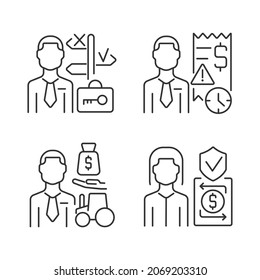 Juego de iconos lineales de ocupación financiera. Trabajadores de las instituciones financieras. Asistencia de confianza. Recaudadores de deuda. Símbolos de contorno de línea delgada personalizables. Ilustraciones aisladas del contorno vectorial. Trazo editable