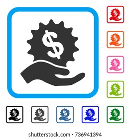 Financial Offer Hand icon. Flat grey pictogram symbol inside a light blue rounded frame. Black, gray, green, blue, red, orange color additional versions of Financial Offer Hand vector.