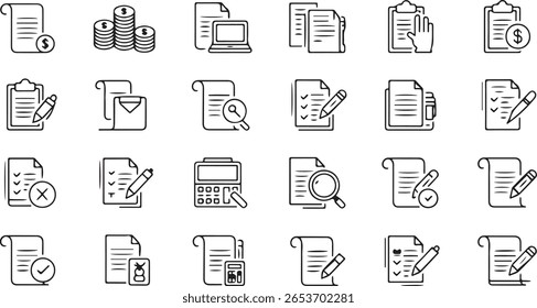 Financial and Office Document Icons Set – Line Style Vector