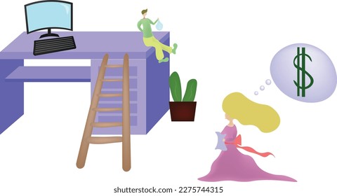 financial office landing page illustration of computer table with small people and girl thinking about money