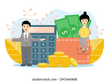 Financial officers with saving money, accounting, profit, income, loan, Business plan and investment concept. Bank clerks working among calculator, wallet, banknotes and stack of golden coins. 