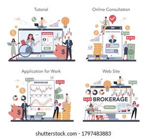 Financial online service or platform set. Market analytics, investment and savings. Online consultation, tutorial, application, website. Isolated vector illustration