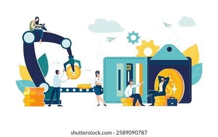 Financial operations, banking and money transfers, production line of cash gold dollar coins, people at work, automation. Cooperation with UAE, Dubai, businessmen, industry 4.0. Vector illustrations
