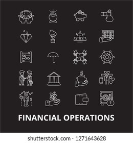 Financial operations editable line icons vector set on black background. Financial operations white outline illustrations, signs, symbols