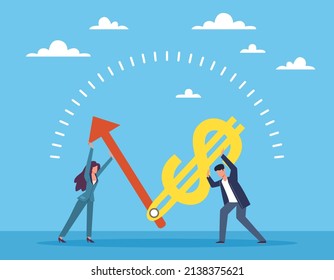Financial operations management. Time is money. People pushing dial arrow and dollar sign. Banking transaction support. Currency transfer. Costs of hour. Deposit service. Vector concept