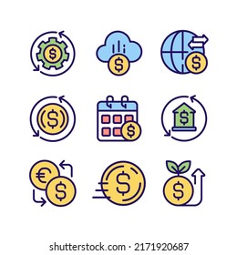 Financial operations pixel perfect RGB color icons set. Money management. International transfers. Isolated vector illustrations. Simple filled line drawings collection. Editable stroke