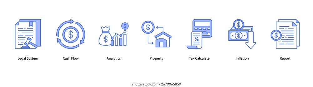 Ilustração do vetor de banner da Web de Operações Financeiras com Sistema Legal, Fluxo de Caixa, Análise, Propriedade, Cálculo de Imposto, Inflação e Relatório.