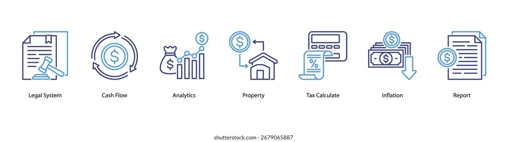 Ilustración vectorial de Anuncio de Web de Operaciones Financieras que incluye Sistema Legal, Flujo de Efectivo, Análisis, Propiedad, Cálculo de Impuestos, Inflación e Informe.