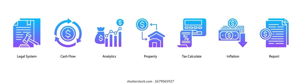 Ilustración vectorial de Anuncio de Web de Operaciones Financieras que incluye Sistema Legal, Flujo de Efectivo, Análisis, Propiedad, Cálculo de Impuestos, Inflación e Informe.
