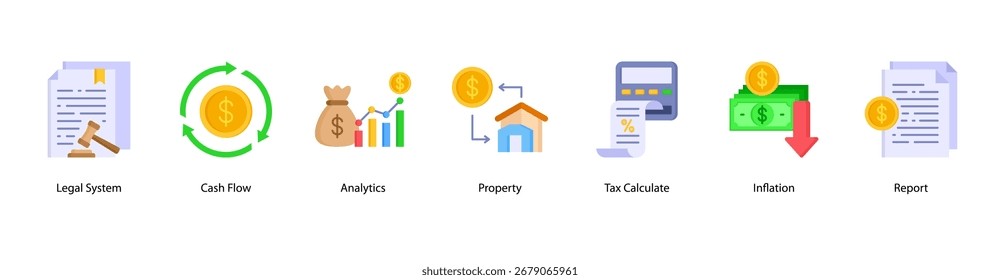 Ilustração do vetor de banner da Web de Operações Financeiras com Sistema Legal, Fluxo de Caixa, Análise, Propriedade, Cálculo de Imposto, Inflação e Relatório.