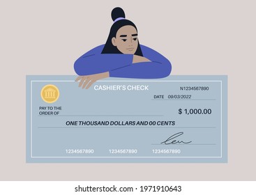 Financial operations, a young female Asian character leaning on a bank paper check template