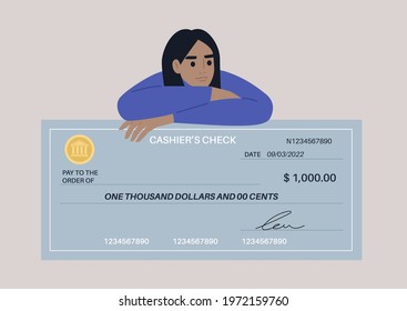 Financial operations, a young female character leaning on a bank paper check template