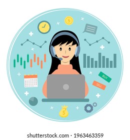Financial Operator getting order from customer to buy or sell stock with calendar, pie chart, bar chart , candle stick chart ,money icon background cartoon vector. Customer service concept