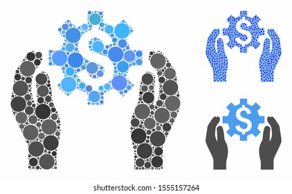 Financial options care hands composition of circle elements in various sizes and shades, based on financial options care hands icon. Vector circle elements are grouped into blue composition.