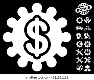 Financial Options Gear icon with bonus settings clip art. Vector illustration style is flat iconic white symbols on black background.