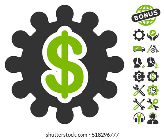 Financial Options Gear icon with bonus service pictograph collection. Vector illustration style is flat iconic eco green and gray symbols on white background.