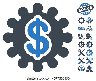 Financial Options Gear pictograph with bonus settings pictograph collection. Vector illustration style is flat iconic smooth blue symbols on white background.