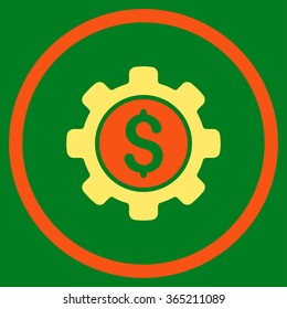 Financial Options vector icon. Style is bicolor flat circled symbol, orange and yellow colors, rounded angles, green background.