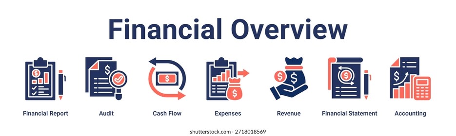 Financial Overview banner web icon vector illustration concept for business with icon of Financial Report, Audit, Cash Flow, Expenses, Revenue, Financial Statement.