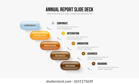 Financial Overview Five Option Infographic Frame Layout. Service Performance Slideshow Template Vector Illustration. Business Strategy 5 Step Diagram Presentation Design.