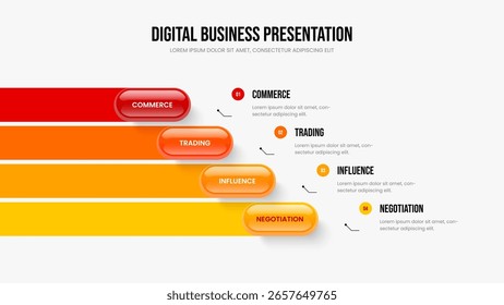 Ilustración vectorial de diseño de diapositivas de Financial Overview. Plantilla de presentación del diagrama de cuatro pasos de Company Insight. Visualización de mercado Diseño de marco de infografía de 4 elementos.