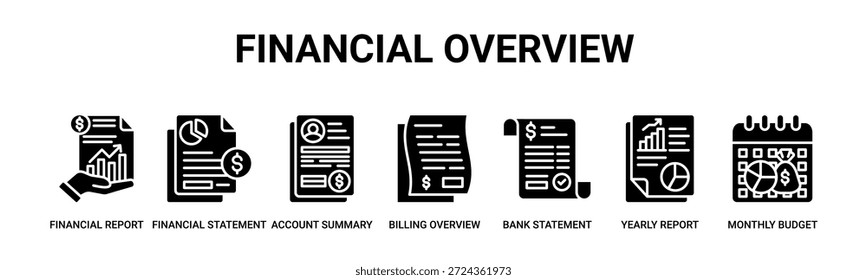 Visão geral financeira web banner ícone vetor ilustração conceito com ícone de relatório financeiro, demonstrativo financeiro, resumo da conta, visão geral de faturamento, extrato bancário, relatório anual, orçamento mensal.