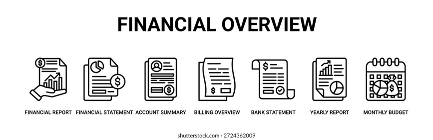 Visão geral financeira web banner ícone vetor ilustração conceito com ícone de relatório financeiro, demonstrativo financeiro, resumo da conta, visão geral de faturamento, extrato bancário, relatório anual, orçamento mensal.