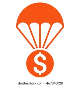 Financial Parachute icon. Vector style is flat iconic symbol with rounded angles, orange color, white background.