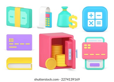 Financial payment banking cash money dollar storage calculating button set 3d icon realistic vector illustration. Finance economy commercial accounting bill invoice credit card business book learning